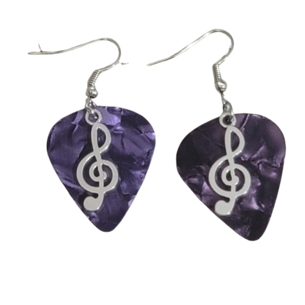 Purple Guitar Pick Earrings with Treble Clef